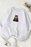 Unisex Beyaz COOL CAT Baskılı Bisiklet Yaka Sweatshirt- Kışlık Şardonlu Kumaş
