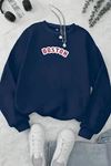 Unisex Lacivert BOSTON Baskılı Bisiklet Yaka Sweatshirt- Kışlık Şardonlu Kumaş