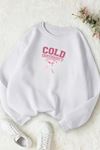 Unisex Beyaz COLD UNİVERSTİY Baskılı Bisiklet Yaka Sweatshirt- Kışlık Şardonlu Kumaş