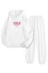 Beyaz Eşofman Takımı – Cold Univercity Baskılı, Kapüşonlu Sweatshirt ve Jogger Pantolon