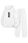 Beyaz Eşofman Takımı – Runn Baskılı, Kapüşonlu Sweatshirt ve Jogger Pantolon