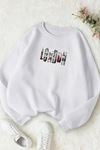 Unisex Beyaz LONDON Baskılı Bisiklet Yaka Sweatshirt- Kışlık Şardonlu Kumaş