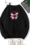 Unisex Siyah VERY CHERRY Baskılı Bisiklet Yaka Sweatshirt- Kışlık Şardonlu Kumaş