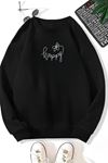 Unisex Siyah HAPPY ÇİÇEK Baskılı Bisiklet Yaka Sweatshirt- Kışlık Şardonlu Kumaş