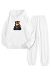 Beyaz Eşofman Takımı – Fantastic Cat Baskılı, Kapüşonlu Sweatshirt ve Jogger Pantolon