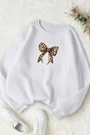 Unisex Beyaz LEOPAR KURDELA Baskılı Bisiklet Yaka Sweatshirt- Kışlık Şardonlu Kumaş