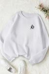 Unisex Beyaz MİNİ DAMLA KALP Baskılı Bisiklet Yaka Sweatshirt- Kışlık Şardonlu Kumaş