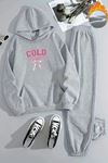 Unisex COLD UNIVERSITY Baskılı Kapüşonlu Gri Eşofman Takımı - Kışlık Şardonlu Kumaş
