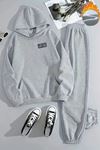 Unisex LIMITED EDITION MİNİMAL Baskılı Kapüşonlu Gri Eşofman Takımı - Kışlık Şardonlu Kumaş