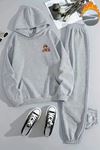 Unisex COOL MAYMUN Baskılı Kapüşonlu Gri Eşofman Takımı - Kışlık Şardonlu Kumaş
