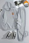 Unisex ZÜRAFA Baskılı Kapüşonlu Gri Eşofman Takımı - Kışlık Şardonlu Kumaş