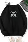 Unisex Siyah GOOD VİBES CAT Baskılı Bisiklet Yaka Sweatshirt- Kışlık Şardonlu Kumaş