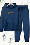 Unisex Lacivert CHAMPİON Baskılı Eşofman Kapüşon- Kışlık Şardonlu Kumaş