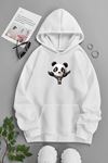 Unisex Beyaz Kapüşonlu Sweatshirt – Zip Panda,Baskılı Şardonlu Kalın Kumaş