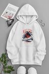 Unisex Beyaz Kapüşonlu Sweatshirt – Malibu Beach ,Baskılı Şardonlu Kalın Kumaş