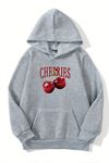 Unisex Gri Kapüşonlu Sweatshirt – Cherries Baskılı,Şardonlu Kalın Kumaş