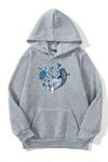 Unisex Gri Kapüşonlu Sweatshirt – Deniz Hayvanları Baskılı, Şardonlu Kalın Kumaş