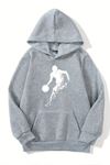 Unisex Gri Kapüşonlu Sweatshirt – Basketboll Baskılı, Şardonlu Kalın Kumaş
