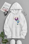 Unisex Beyaz Kapüşonlu Sweatshirt – RENKLİ KELEBEKLER ,Baskılı Şardonlu Kalın Kumaş