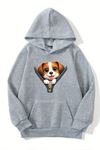 Unisex Gri Kapüşonlu Sweatshirt – Zip Dog Baskılı, Şardonlu Kalın Kumaş