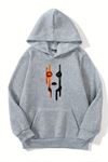 Unisex Gri Kapüşonlu Sweatshirt – Yüz Desen Baskılı, Şardonlu Kalın Kumaş