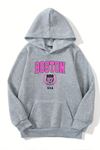 Unisex Gri Kapüşonlu Sweatshirt – Boston Usa Baskılı, Şardonlu Kalın Kumaş