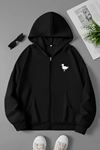 Unisex Siyah Kapüşonlu Fermuarlı Sweatshirt – Ördek Minimal Baskılı, Şardonlu Kalın Kumaş