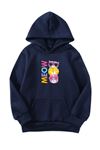 Unisex Oversize Şardonlu Kışlık Meow Tatlı Kedicikler Baskılı Kapüşonlu Sweatshirt - Lacivert