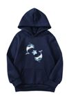 Unisex Oversize Şardonlu Kışlık İkili Yunusbalığı Baskılı Kapüşonlu Sweatshirt - Lacivert