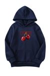 Unisex Oversize Şardonlu Kışlık Cherries Baskılı Kapüşonlu Sweatshirt - Lacivert