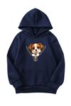 Unisex Oversize Şardonlu Kışlık Fermuar Köpek Baskılı Kapüşonlu Sweatshirt - Lacivert