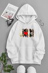 Unisex Beyaz Kapüşonlu Sweatshirt – LOVE DESEN ,Baskılı Şardonlu Kalın Kumaş