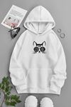 Unisex Beyaz Kapüşonlu Sweatshirt – Good Vibes Kedi ,Baskılı Şardonlu Kalın Kumaş
