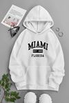 Unisex Beyaz Kapüşonlu Sweatshirt – Miami Florida ,Baskılı Şardonlu Kalın Kumaş