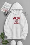 Unisex Beyaz Kapüşonlu Sweatshirt – NEW YORK BROOKLYN KIRMIZI ,Baskılı Şardonlu Kalın Kumaş
