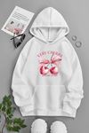 Unisex Beyaz Kapüşonlu Sweatshirt – VERY CHERRY ,Baskılı Şardonlu Kalın Kumaş