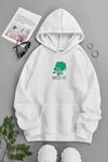 Unisex Beyaz Kapüşonlu Sweatshirt – Brocco Lee ,Baskılı Şardonlu Kalın Kumaş