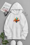 Unisex Beyaz Kapüşonlu Sweatshirt – Aloha ,Baskılı Şardonlu Kalın Kumaş