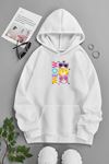 Unisex Beyaz Kapüşonlu Sweatshirt – Meow ,Baskılı Şardonlu Kalın Kumaş