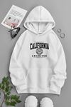 Unisex Beyaz Kapüşonlu Sweatshirt – California Rising Star ,Baskılı Şardonlu Kalın Kumaş