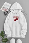 Unisex Beyaz Kapüşonlu Sweatshirt – Cherries ,Baskılı Şardonlu Kalın Kumaş