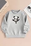Çocuk Gri Bisiklet Yaka Sweatshirt – PANDA FERMUAR Baskılı, Şardonlu Kalın Kumaş