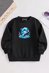 Çocuk Siyah Bisiklet Yaka MAVİ YUNUS Baskılı, Kışlık Kalın Şardonlu Kumaş