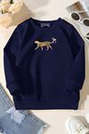 Unisex Lacivert Cocuk Bisiklet Yaka Sweatshirt –Leopar,Baskılı Şardonlu Kalın Kumaş