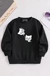 Çocuk Siyah Bisiklet Yaka 2Lİ KEDİ Baskılı, Kışlık Kalın Şardonlu Kumaş