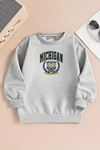 Çocuk Gri Bisiklet Yaka Sweatshirt – MİCHİGAN Baskılı, Şardonlu Kalın Kumaş