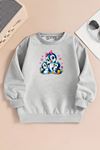 Çocuk Gri Bisiklet Yaka Sweatshirt – 3LÜ PENGUEN Baskılı, Şardonlu Kalın Kumaş