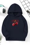 Unisex Lacivert Cocuk Kapüşonlu Sweatshirt –Cherries,Baskılı Şardonlu Kalın Kumaş