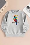 Çocuk Gri Bisiklet Yaka Sweatshirt – PAPAĞAN Baskılı, Şardonlu Kalın Kumaş