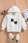 Çocuk Beyaz Kapüşonlu Sweatshirt – SIYAH KEDI Baskılı, Şardonlu Kalın Kumaş